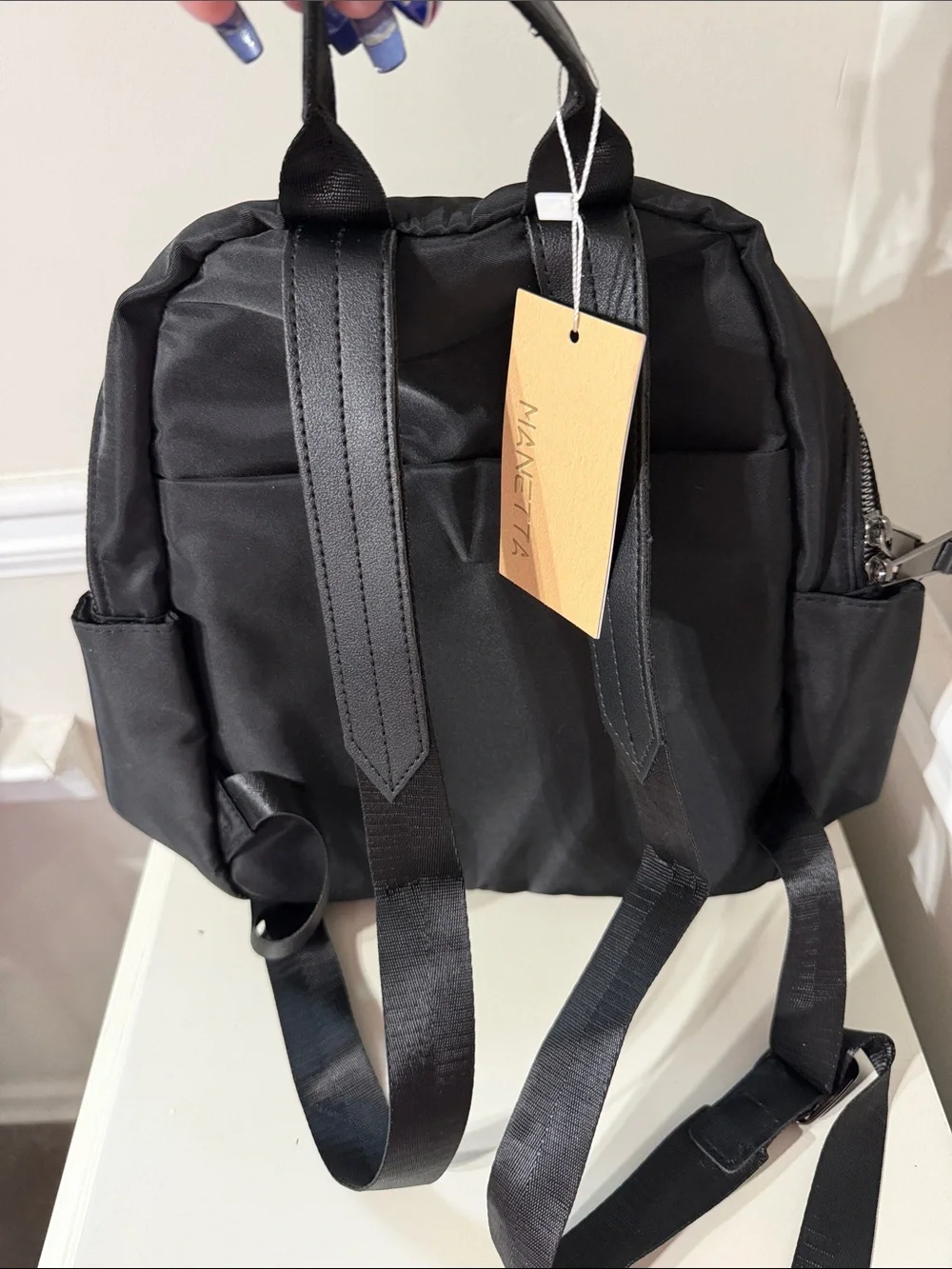 Compact Black Nylon Backpack with Front Pocket - Unbranded
